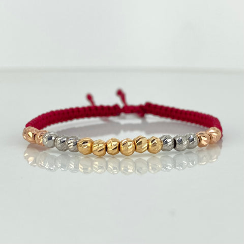 Pulsera tejida Bolas Diamantadas 18uni 4mm / Hilo Rojo Tres oros 18k 1,46 Gr *