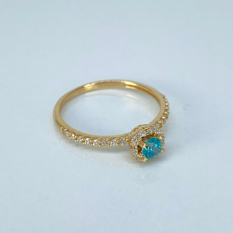 Anillo Solitario Circones Blancos Azul Oro amarillo / Talla 9 / 2,3 Gr