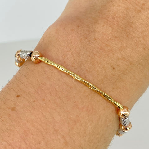 Pulsera tejida Herraje Entorchado / Cilindros BD 5mm 8uni / Hilo Negro Tres oros 18k 2,2 Gr *