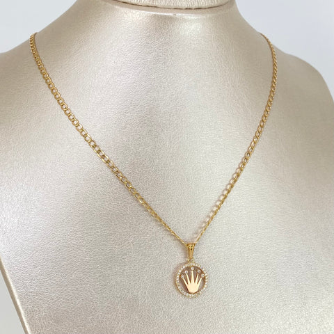 Set Cadena ● Cubana + Dije Corona RX Circones Blancos Oro amarillo y Oro rosa 18k 4,1 Gr / 2,7 mm / 45 Cm *