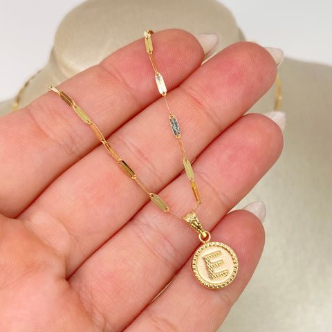 Set Cadena ● Flor Espejo + Dije Letra E Oro amarillo 18k 2,1 Gr / 1,7 mm / 45 Cm †