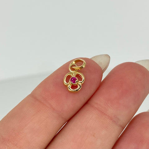 Dije Trebol Circon Fucsia Oro amarillo 18k 0,62 Gr / 1,5 Cm