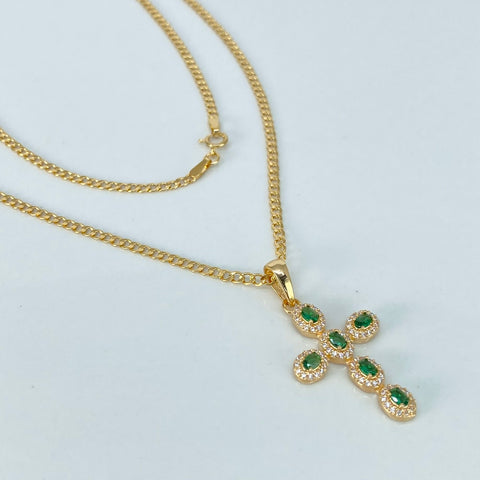 Set Cadena ● Cubana + Dije Cruz Circones Blancos Verdes Oro amarillo 18k 3,65 Gr / 2 mm / 45 Cm †