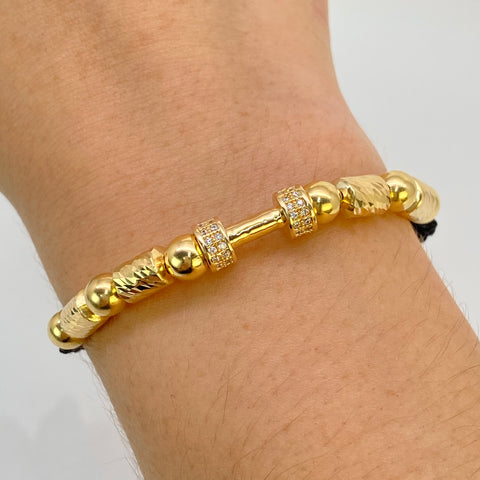 Pulsera tejida Pesa / Cilindros / Bolas Lisas 6 Und 6 mm Hilo Negro Oro amarillo 18k 4,66 Gr †