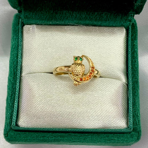 Anillo Buho y Luna Circones Verdes Y Naranja Oro amarillo 18k / Talla 5 1/2 / 2,17 Gr *