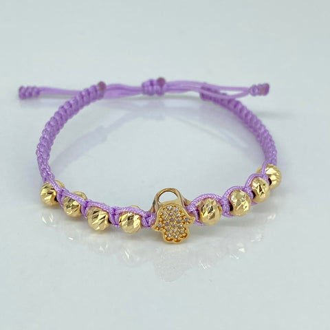 Pulsera tejida Herraje Mano Hamsa Circones Blancos / BD 8uni 5mm / Hilo Lila Oro amarillo 18k 1,78 Gr *