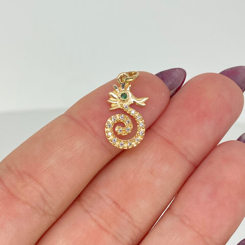 Dije Caballito De Mar Circones Blancos Verde Oro amarillo 18k 1,1 Gr / 2,2 Cm  *