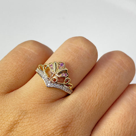 Anillo 15 Años Tiara Circones Blancos Y Rosas Tres oros 18k / Talla 6 1/4 / 2,65 Gr *