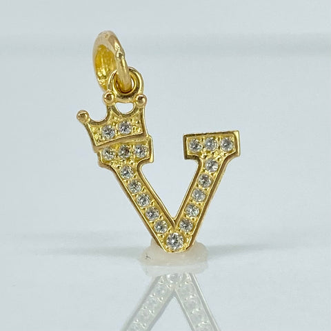 Dije Corona Letra V Circones Blancos Oro amarillo 18k 1 Gr / 2 Cm *