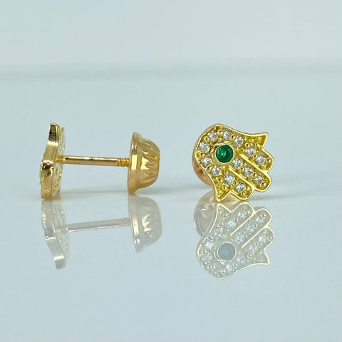 Topos Mano Hamsa Circones Blancos Verdes Oro amarillo 18k 1,15 Gr / 7,4 mm  †
