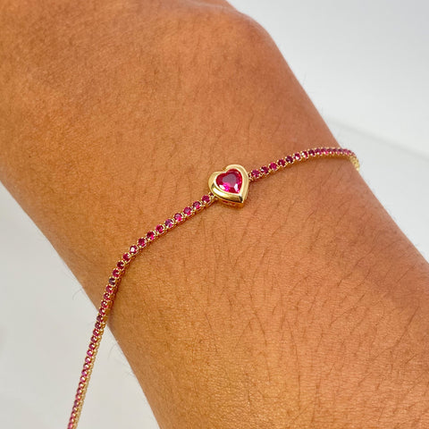 Pulso ● Corazon Mini Tennis Circones Fucsias Oro amarillo 18k +4 / 2,05 Gr / 1,5 mm / 17,5 Cm †