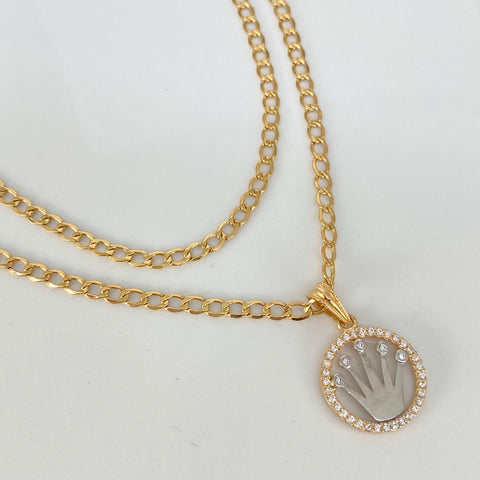Set Cadena ● Cubana + Dije Corona RX Circones Blancos Oro amarillo y Oro blanco 18k 4,1 Gr / 2,7 mm / 45 Cm *