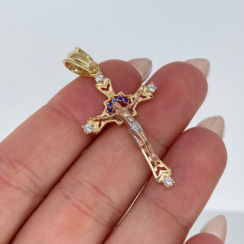 Dije Cruz Cristo Circones Blancos Azules Tres oros 18k 3,55 Gr / 4,2 Cm  *