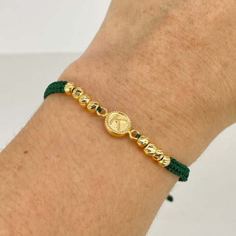 Pulsera tejida Herraje Letra K / BD 8uni 4mm / Hilo Verde Oro amarillo 18k 1 Gr *