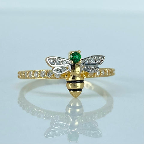Anillo Abeja Circones Blancos Verde Oro amarillo y Oro blanco 18k / Talla 6 3/4 / 1,9 Gr *