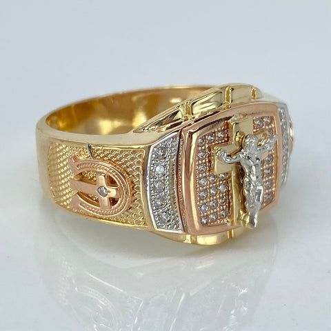 Anillo Cuadro Central Cruz Cristo Circones Blancos Tres oros 18k / Talla 10 1/4 / 8,80 Gr