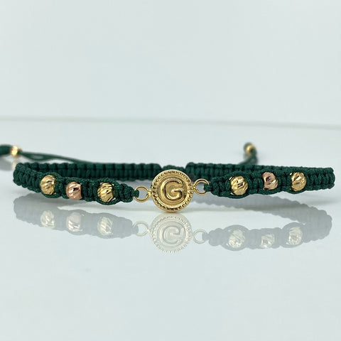 Pulsera tejida Herraje Letra G / BD 8uni 4/3mm / Hilo Verde Oro amarillo y Oro rosa 18k 0,97 Gr *