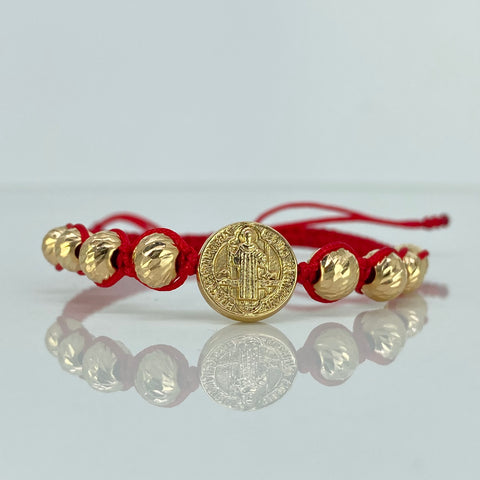 Pulsera tejida Herraje San Benito / BD 8uni 7mm 6mm / Hilo Rojo Oro amarillo 18k 2,17 Gr *