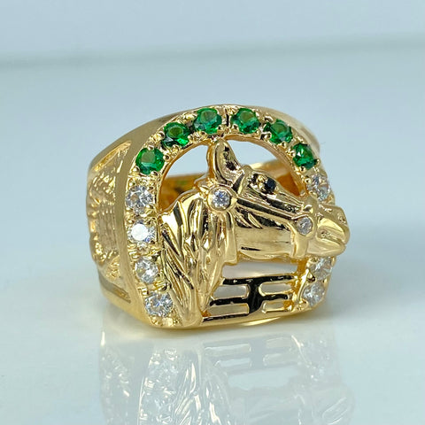 Anillo Caballo Circones Blancos Verdes Oro amarillo / Talla 10 1/2 / 10,6 Gr *