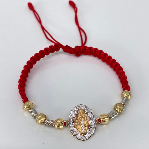 Pulsera tejida Herraje Virgen Del Carmen Circones / Cilindros BD 5mm 6uni / Hilo Rojo Tres oros 18k 2,52 Gr *