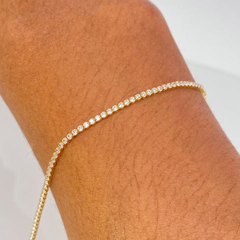 Pulso ● Mini Tennis Circones Blancos Oro amarillo 18k +4 / 1,9 Gr / 1,5 mm / 17,5 Cm †