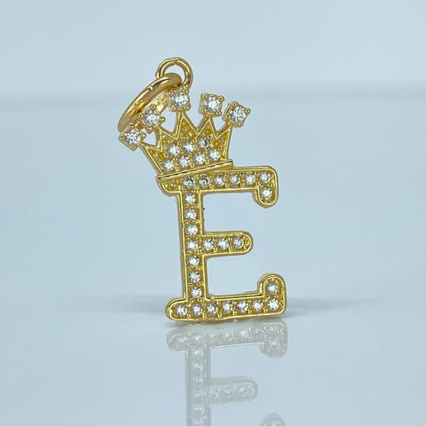 Dije Letra E Corona Circones Blancos Oro amarillo 1,9 Gr / 2,6 Cm *