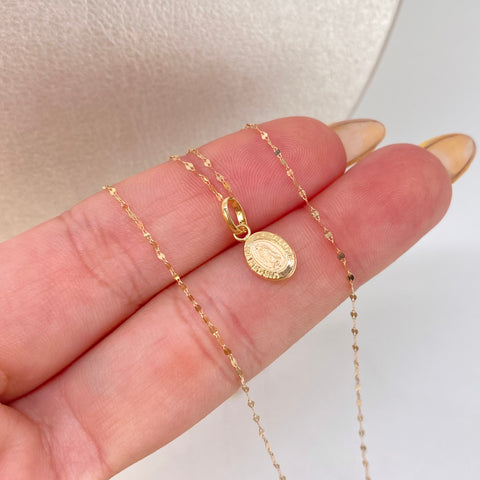 Set Cadena ● Crispeta + Dije Virgen Guadalupe Oro amarillo 18k 0,65 Gr / 1 mm / 50 Cm