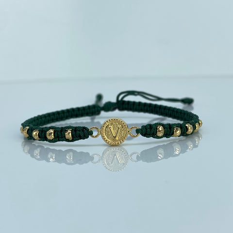 Pulsera tejida Herraje Letra V / BD 3mm 10uni / Hilo Verde Oro amarillo 18k 1,12 Gr †