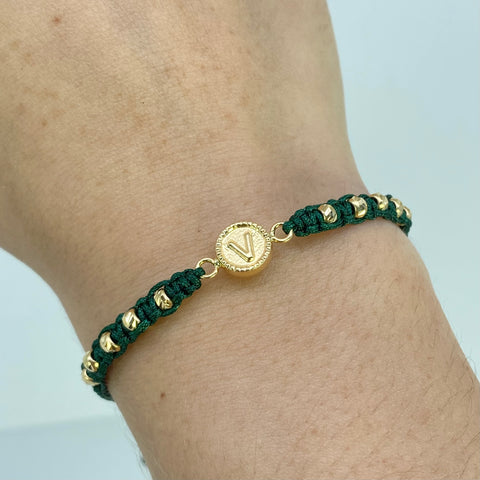 Pulsera tejida Herraje Letra V / BD 3mm 10uni / Hilo Verde Oro amarillo 18k 1,12 Gr †