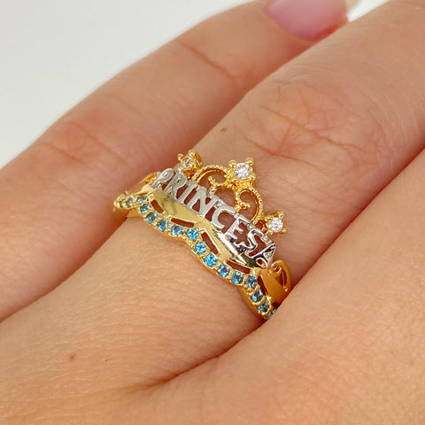 Anillo 15años Princesa Circones Verdes Blancos Oro amarillo y Oro blanco 18k / Talla 6 3/4 / 2,37 Gr *