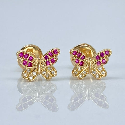 Topos Mariposa Circones Blancos Fucsias Oro amarillo 18k 0,95 Gr / 8,3 mm †