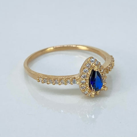Anillo Solitario Gota Circones Blancos Y Azul Oro amarillo 18k / Talla 6 1/2 / 1,76 Gr