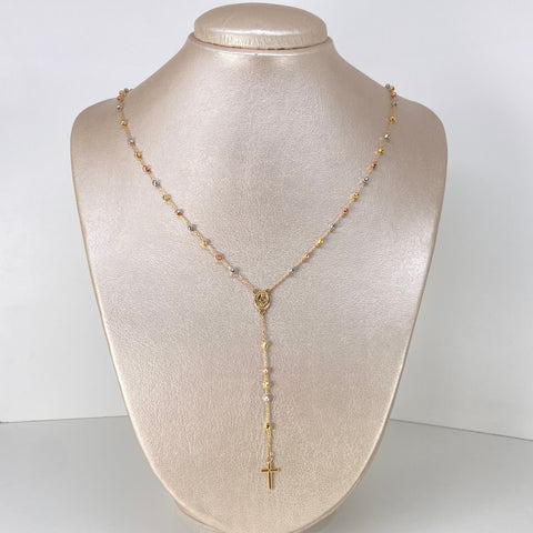Rosario ● Virgen Milagrosa Bolas Diamantadas Discoteca Tres oros 18k +3 / 7,6 Gr / 3 mm / 60 Cm *