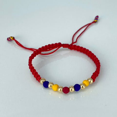 Pulsera tejida Colombia Bolas Lisas 6uni 4mm / Hilo Rojo Neoprenos Oro amarillo 0,55 Gr *
