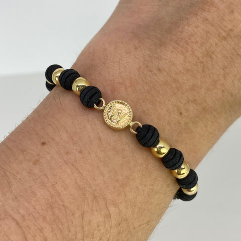Pulsera tejida Herraje Letra W / BL 6uni 5mm / Hilo Negro Neoprenos Oro amarillo 18k 1,31 Gr †
