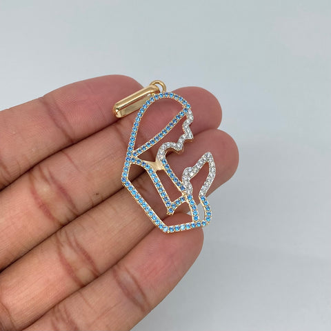 Dije Silueta Virgen Maria Circones Blancos Celestes Oro amarillo 6,95 Gr / 5,7 Cm