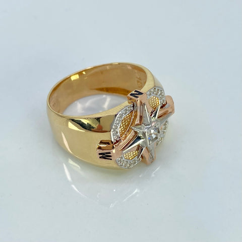 Anillo Brujula Cuadro Circones Blancos Tres oros 18k / Talla 10 / 10 Gr †