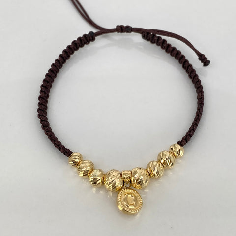 Pulsera tejida Dije Letra O / BD 8uni 7/6/5mm / Hilo Cafe Oro amarillo 18k 1,61 Gr *