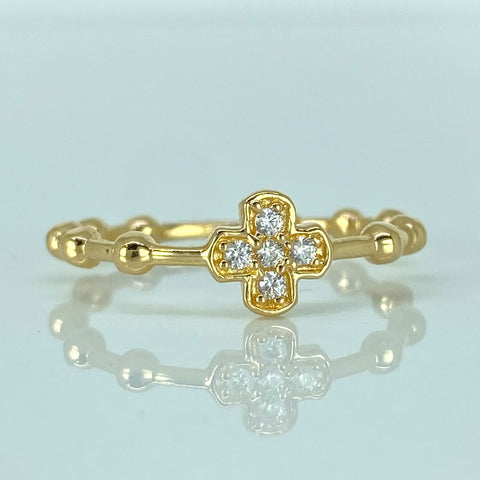 Anillo Bolas Cruz Circones Blancos  Oro amarillo 18k / Talla 7 / 2,15 Gr †