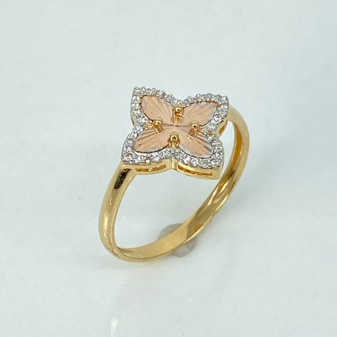 Anillo Trebol Diamantado Circones Blancos Oro amarillo y Oro rosa 18k / Talla 7 1/2 / 2,07 Gr *