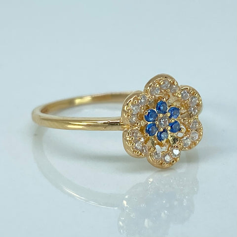 Anillo Flor Circones Blancos Celestes Oro amarillo / Talla 5 1/2 / 1,75 Gr *