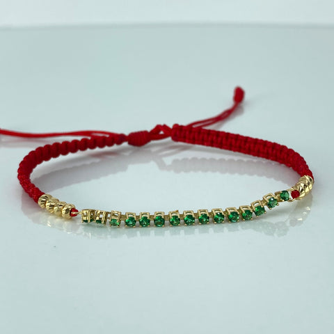 Pulsera tejida Herraje Circones Verdes / BD 8uni 3mm / Hilo Rojo Oro amarillo 1,19 Gr *