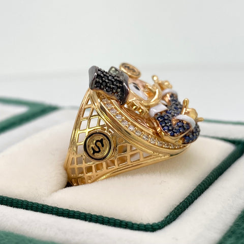 Anillo Pato Caricatura Circones Blancos Negros Y Azules Oro amarillo 18k / Talla 9 1/4 / 11,16 Gr