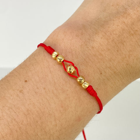 Parejas Pulsera tejida Bolas Lisas 2uni 4mm Bolas Diamantadas 3uni 3/4mm / Hilo Rojo Oro amarillo 18k 1,0 Gr *