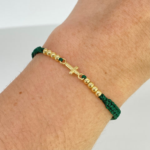 Pulsera tejida Herraje Cruz / BL 8uni 3mm / Hilo Verde Oro amarillo 18k 0,62 Gr †