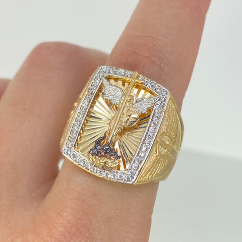 Anillo San Miguel Arcangel Circones Blancos Oro amarillo y Oro blanco 18k / Talla 10 1/4 / 9,36 Gr *