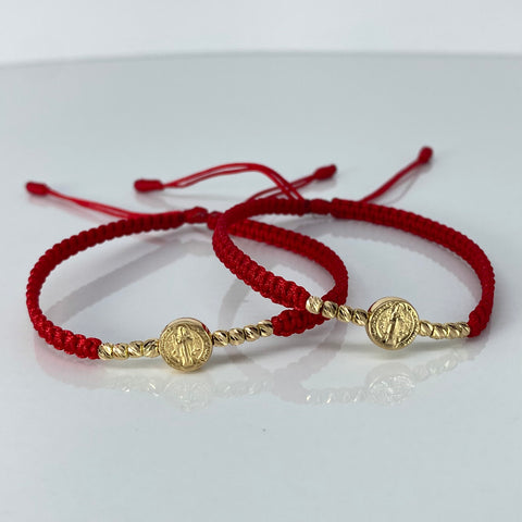 Pulsera tejida Pareja Herraje San Benito / BD 8uni 3mm / Hilo Rojo Oro amarillo 1,25 Gr †