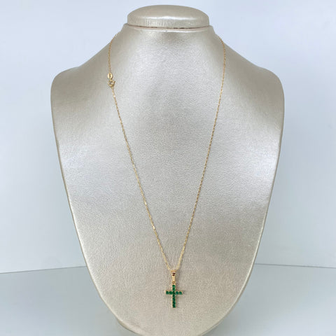 Set Cadena ● Cajon + Dije Cruz Circones Verdes Oro amarillo 18k 2,4 Gr / 1 mm / 50 Cm †