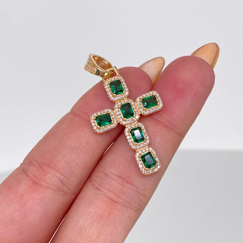 Dije Cruz Circones Verdes Blancos Oro amarillo 3,7 Gr / 3,9 Cm *