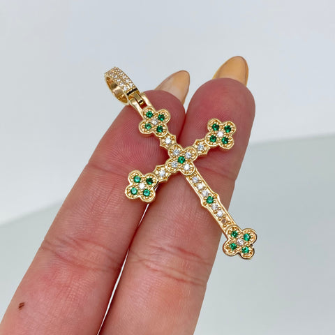 Dije Cruz Trebol Circones Blancos Verdes Oro amarillo 5,62 Gr / 5,3 Cm †
